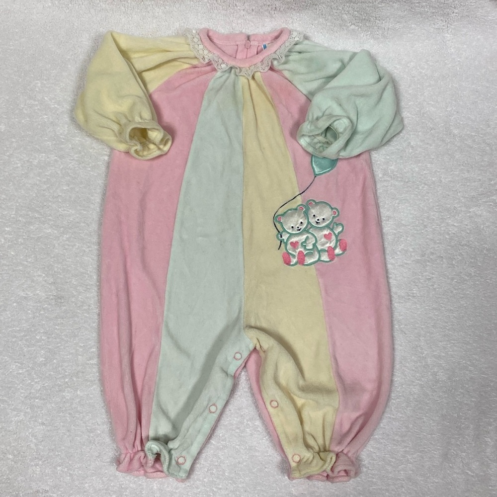 Vintage cradle togs velour pastel clown inspired teddy bear bubble jumpsuit 6/9m